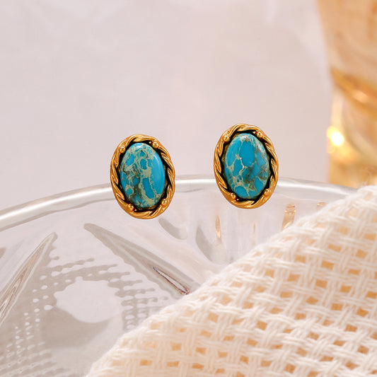 Vintage Matte Small Exquisite Turquoise Earrings for Women Simple Fashion Versatile Personality Temperament High-end Silver Needle Ear Jewelry