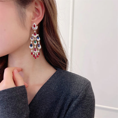 Colorful Zircon Inlaid Long Water Drop Tassel Earrings Trendy European and American Court Style Exaggerated Elegant Heavy Craft Earrings
