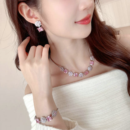 High-end Zircon Camellia Necklace Light Luxury Accessories Collarbone Chain Bracelet Earrings Dress Matching Elegant Jewelry Set