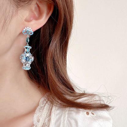 Light Luxury New Chinese Style Ancient Style Three-Dimensional Earrings Retro Zircon Inlaid High-End Long Blue and White Porcelain Evening Drop Earrings