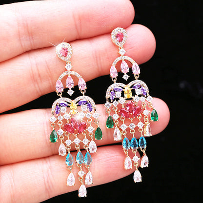 Autumn European and American Style Personality Tassel Earrings Long Colorful Zircon Studs New Fashion Water Drop Earrings for Women