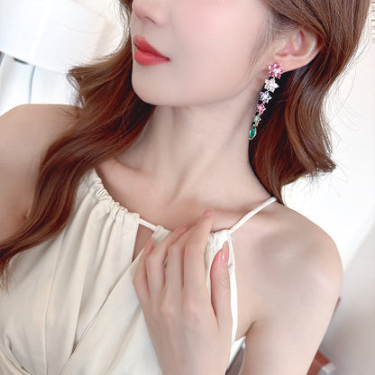 Colorful Ice Crack Flower Earrings S925Silver Needle Elegant Long Tassel Gradient Pink Purple Heavy Craft Earrings for Women