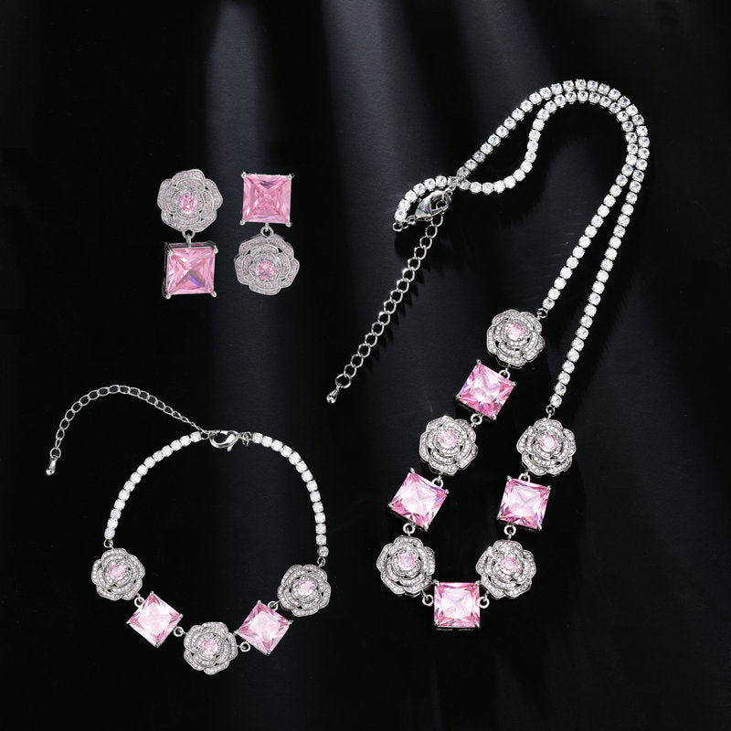 High-end Zircon Camellia Necklace Light Luxury Accessories Collarbone Chain Bracelet Earrings Dress Matching Elegant Jewelry Set