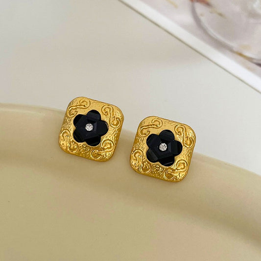 Custom French Vintage Black Flower Square Stud Earrings Niche High-end Simple Versatile Inlaid Diamond Earrings for Women