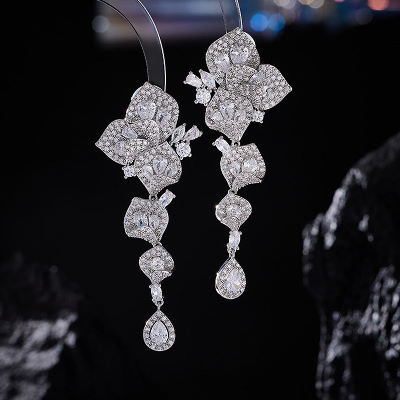 High-end Heavy Craft Earrings for Annual Meeting and Evening Dresses, Luxurious Long Elegant Zircon Flower Earrings