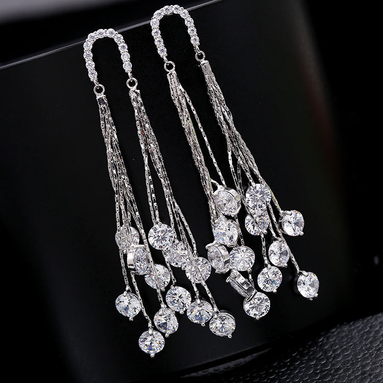 Cross-border European and American Fashion Shiny Zircon Exaggerated Tassel Earrings s925Silver Needle High-End Long Evening Earrings
