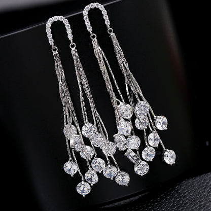 Cross-border European and American Fashion Shiny Zircon Exaggerated Tassel Earrings s925Silver Needle High-End Long Evening Earrings