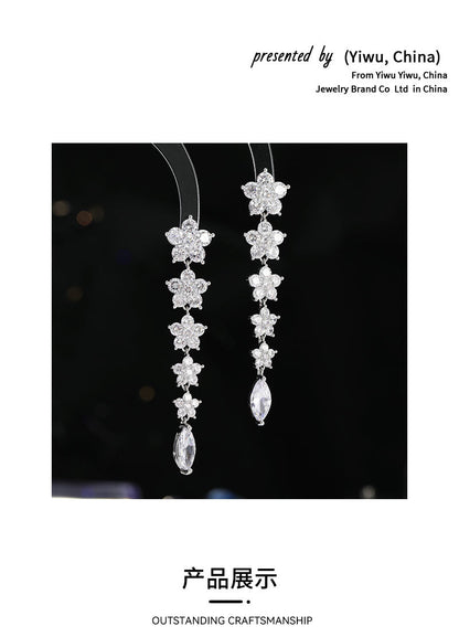 Colorful Ice Crack Flower Earrings S925Silver Needle Elegant Long Tassel Gradient Pink Purple Heavy Craft Earrings for Women