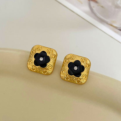 Custom French Vintage Black Flower Square Stud Earrings Niche High-end Simple Versatile Inlaid Diamond Earrings for Women