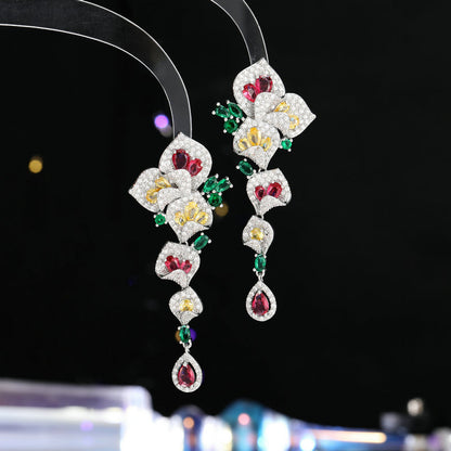 High-end Heavy Craft Earrings for Annual Meeting and Evening Dresses, Luxurious Long Elegant Zircon Flower Earrings