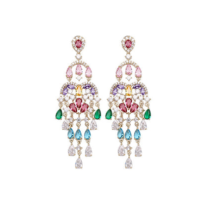 Autumn European and American Style Personality Tassel Earrings Long Colorful Zircon Studs New Fashion Water Drop Earrings for Women
