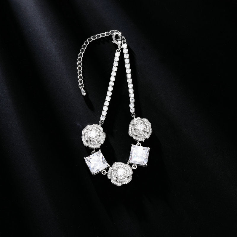 High-end Zircon Camellia Necklace Light Luxury Accessories Collarbone Chain Bracelet Earrings Dress Matching Elegant Jewelry Set