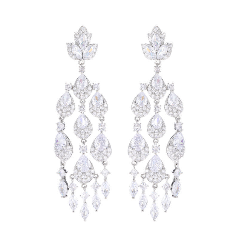 Colorful Zircon Inlaid Long Water Drop Tassel Earrings Trendy European and American Court Style Exaggerated Elegant Heavy Craft Earrings