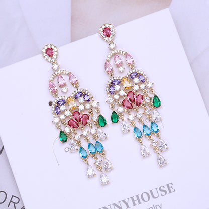 Autumn European and American Style Personality Tassel Earrings Long Colorful Zircon Studs New Fashion Water Drop Earrings for Women