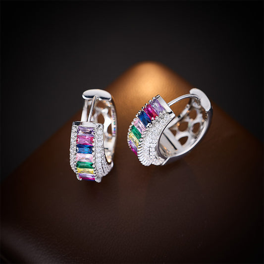 Cross-Border European and American High-End Inlaid Colorful Zircon Earrings Fashion Light Luxury Colorful Gemstone Earrings Hoop Luxury Accessories for Women